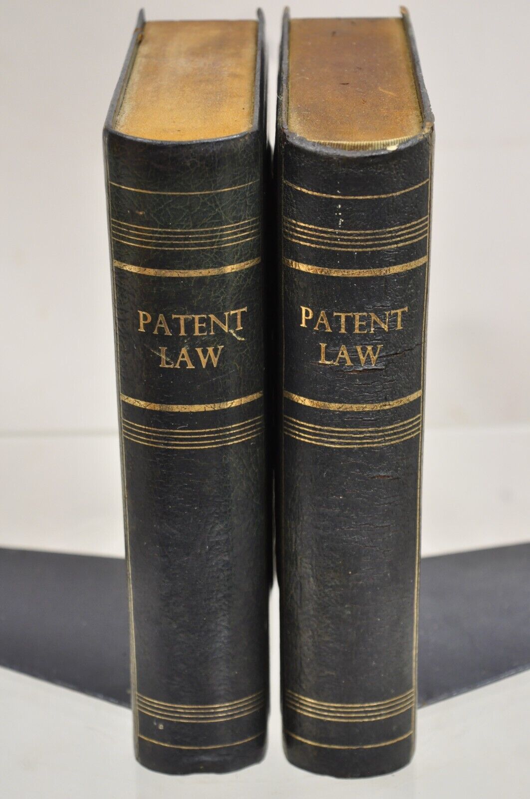 Vintage Italian Green Leather Bound "Patent Law" Faux Book Bookends (C) - Pair