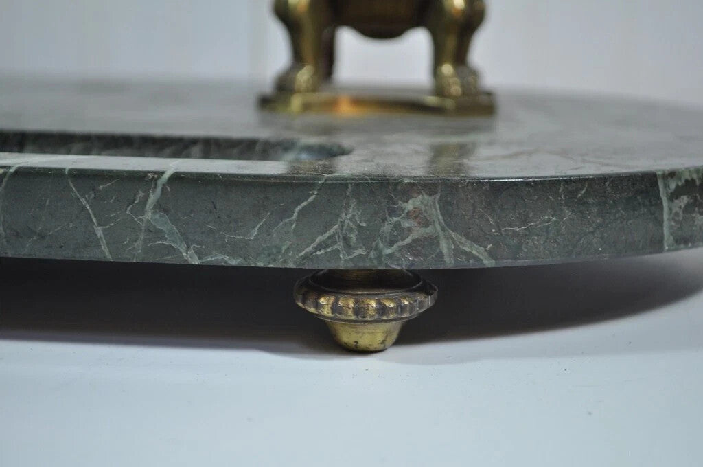 Antique French Empire Figural Bronze Sphinx Green Marble Desk Top Double Inkwell
