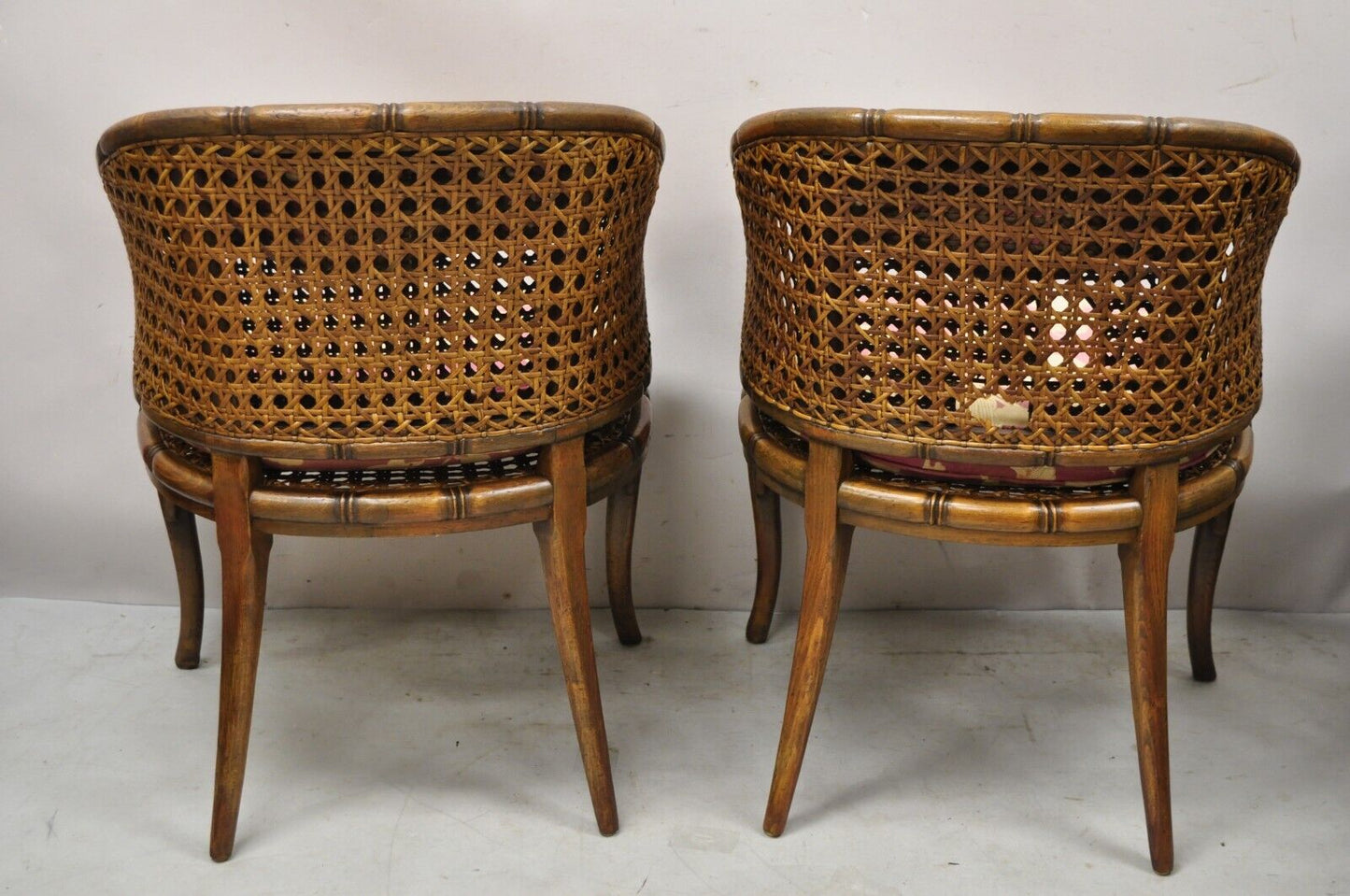 Pair Vtg Hollywood Regency Faux Bamboo Cane Barrel Back Club Lounge Chairs (A)