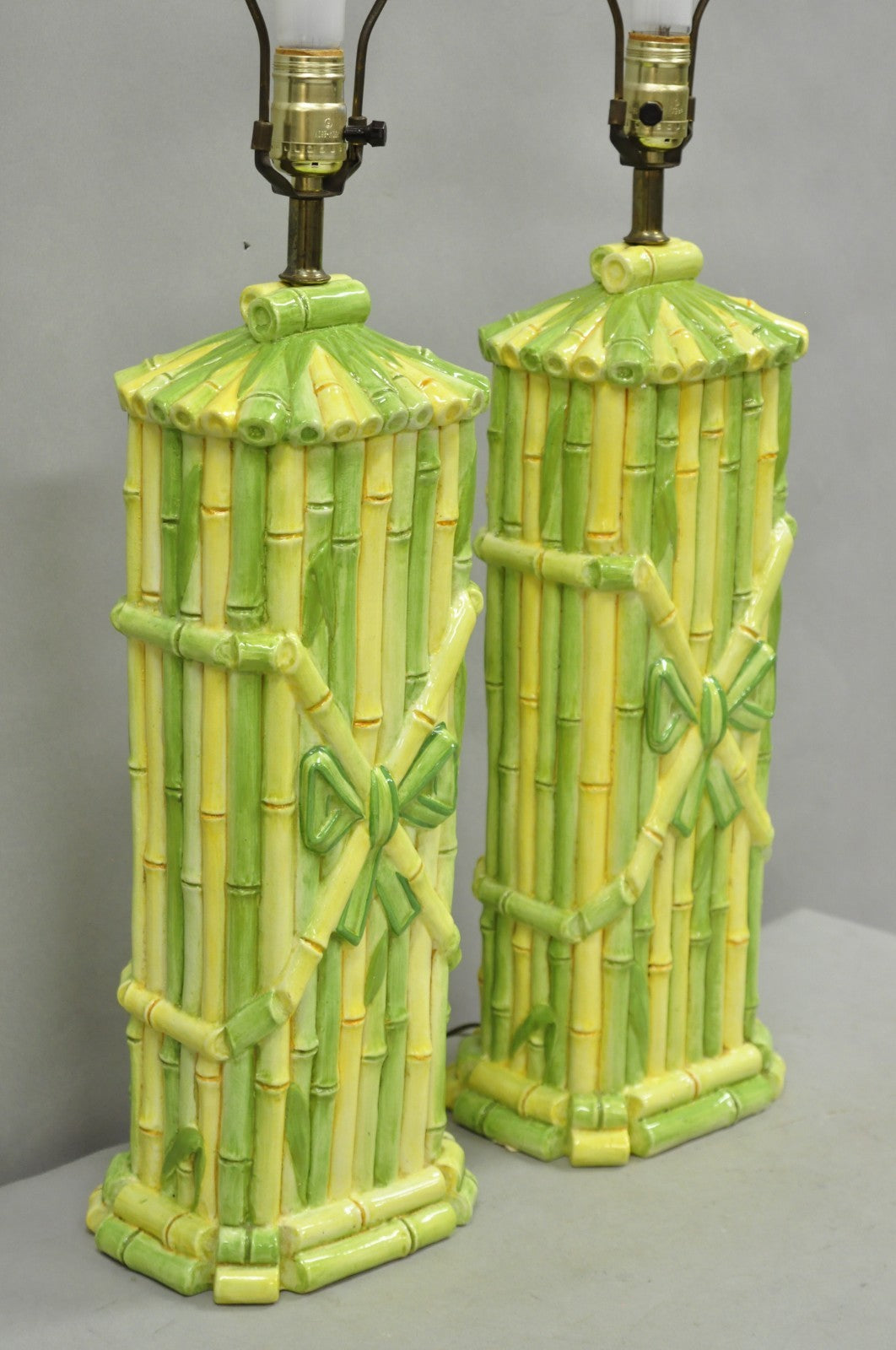 Vintage Hollywood Regency Green & Yellow Ceramic Faux Bamboo Table Lamps - Pair