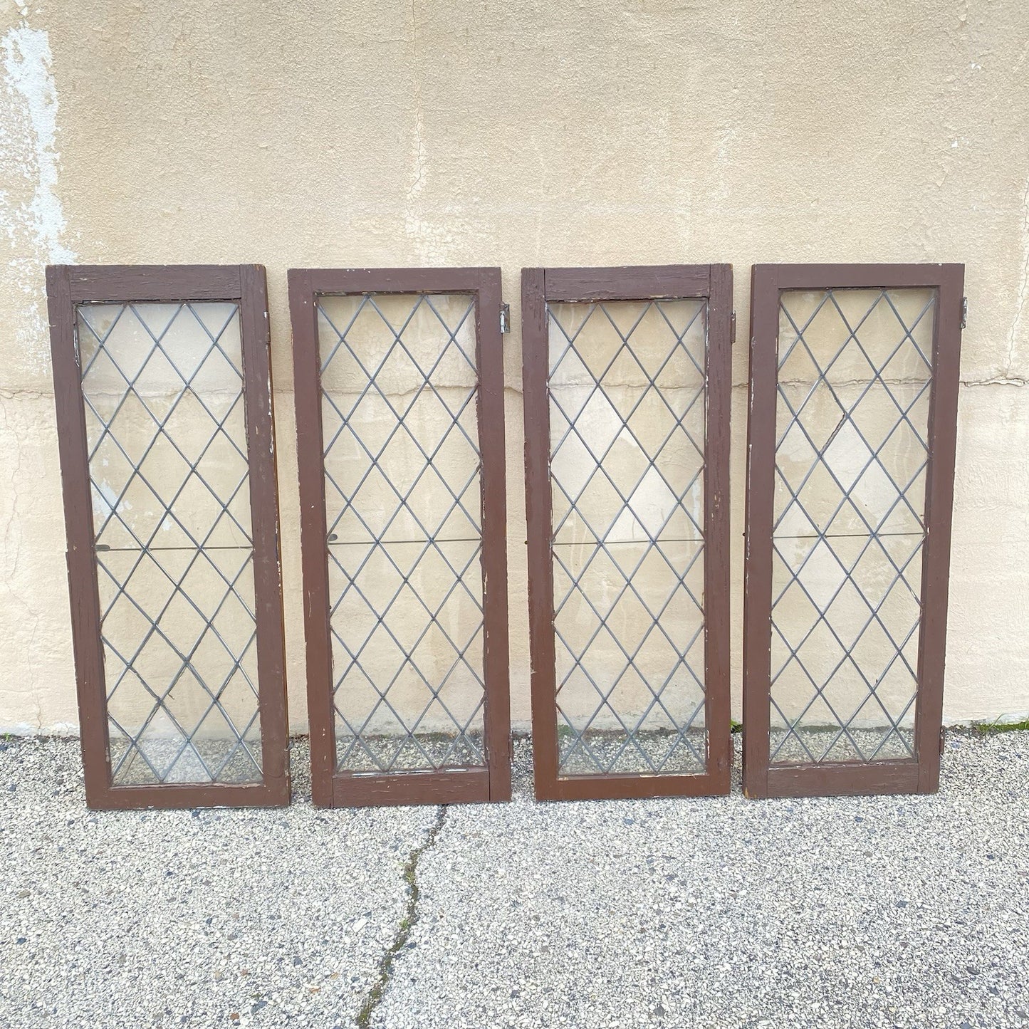 Antique Arts & Crafts Diamond Lattice Leaded Glass Windows in Frame - Set of 4
