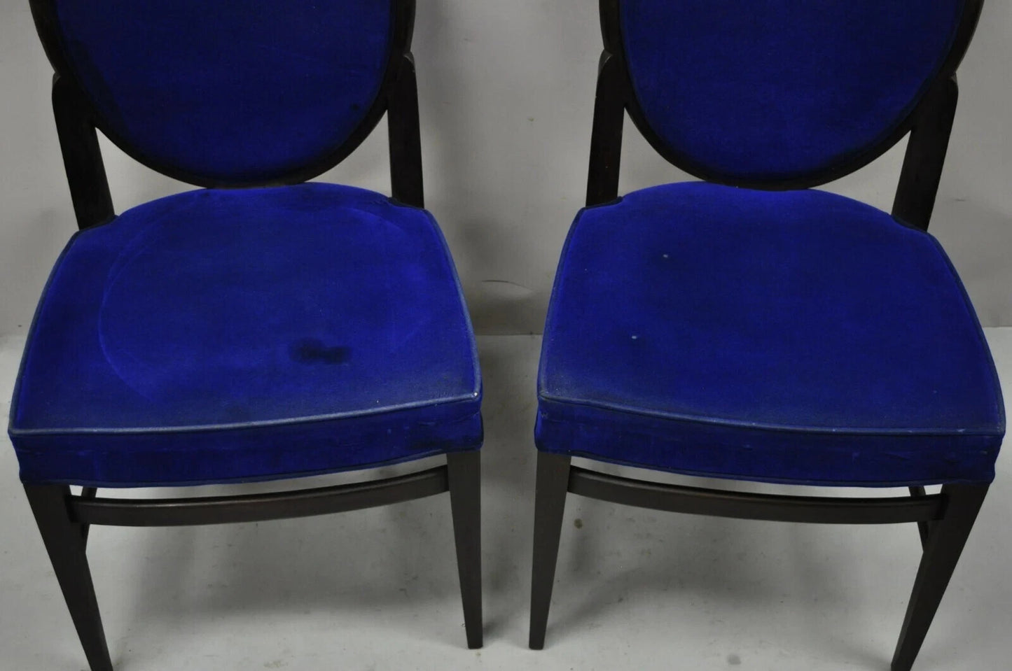 French Art Deco Oval Upholstered Back Mahogany Frame Blue Dining Chairs - a Pair