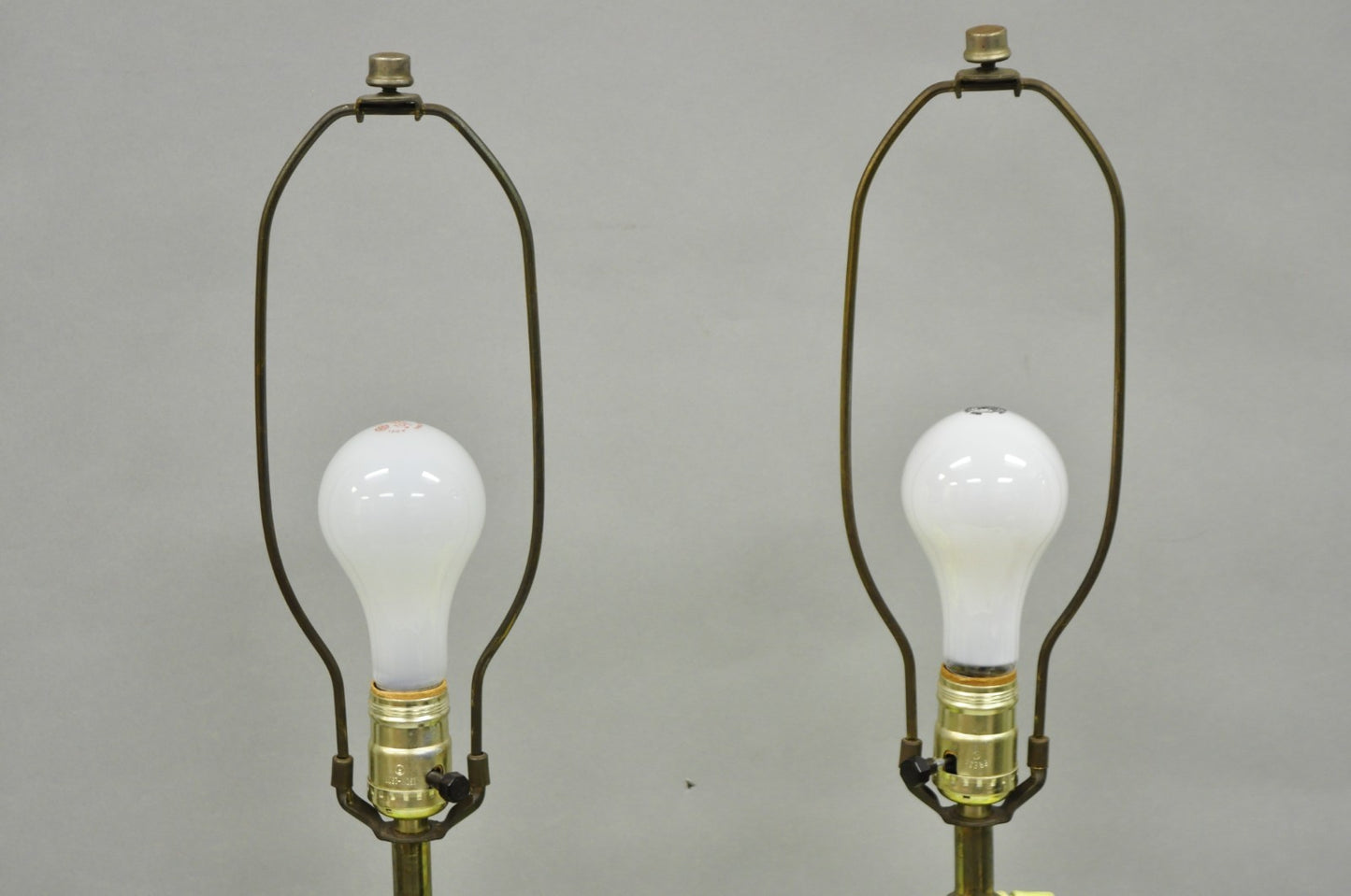 Vintage Hollywood Regency Green & Yellow Ceramic Faux Bamboo Table Lamps - Pair