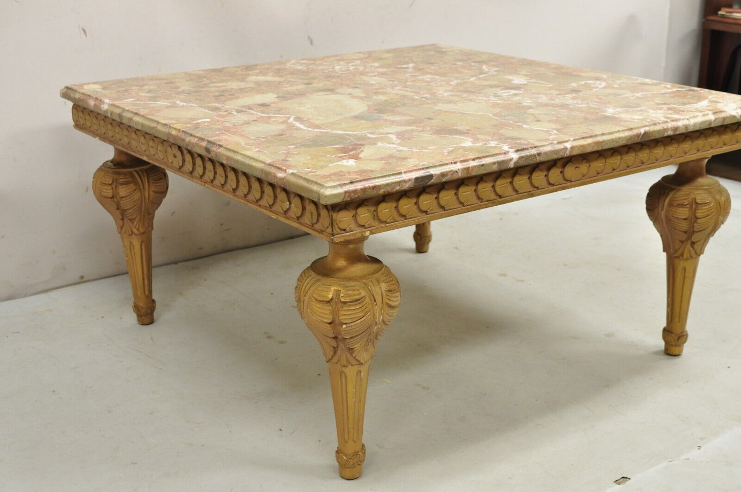 Vintage Italian Neoclassical Style Pink Rouge Marble Square Coffee Table