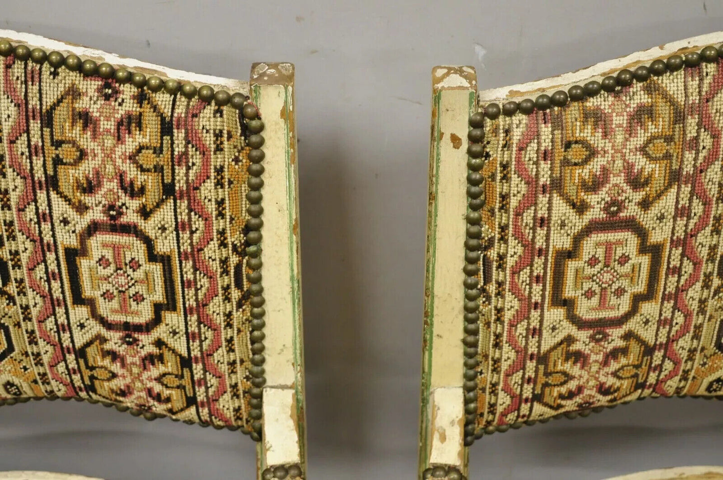 Vintage French Country Cream Distress Painted Lounge Arm Chairs & Ottoman a Pair