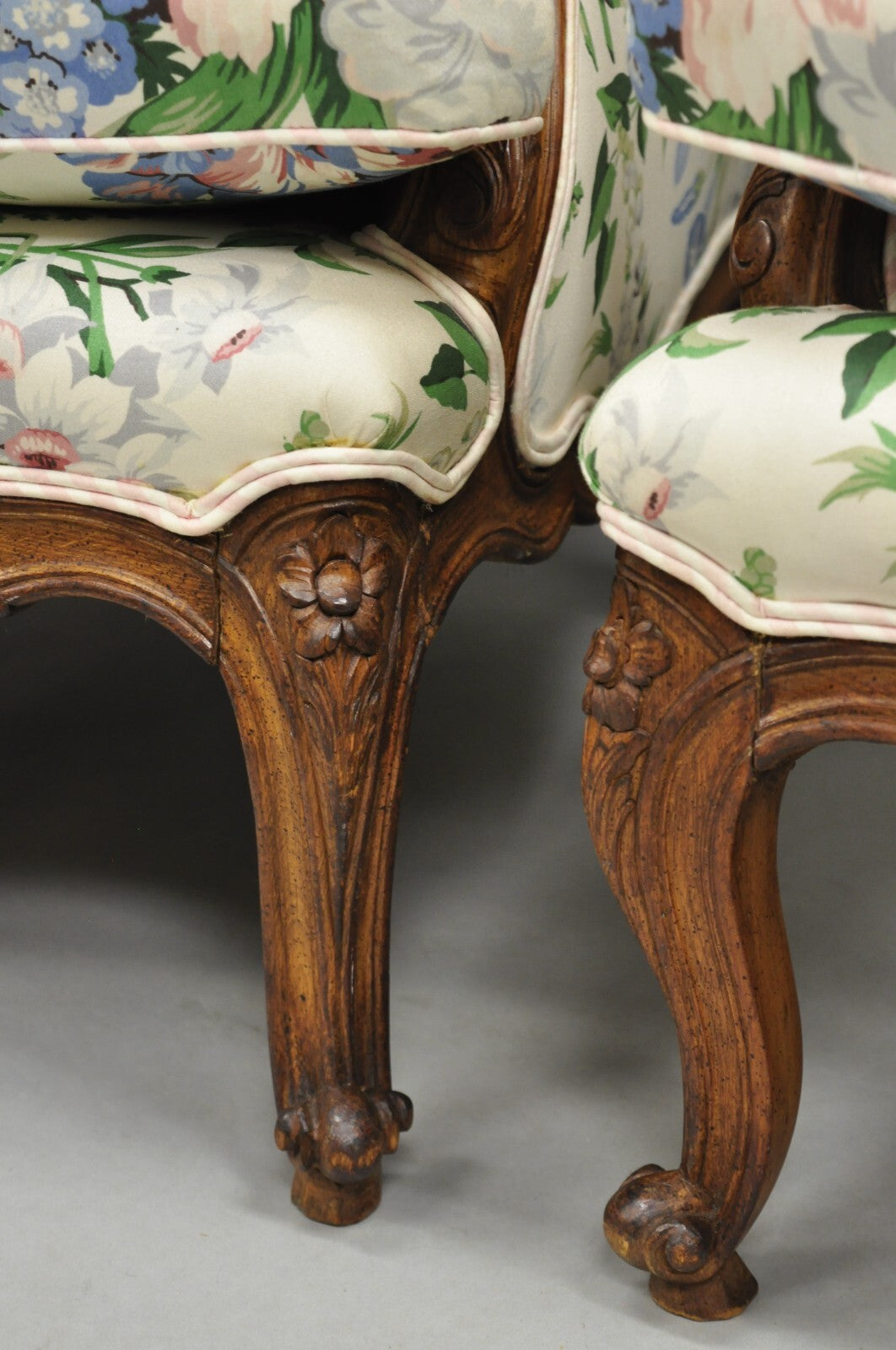 Antique French Country Louis XV Style Carved Walnut Bergere Wingback Chairs Pair