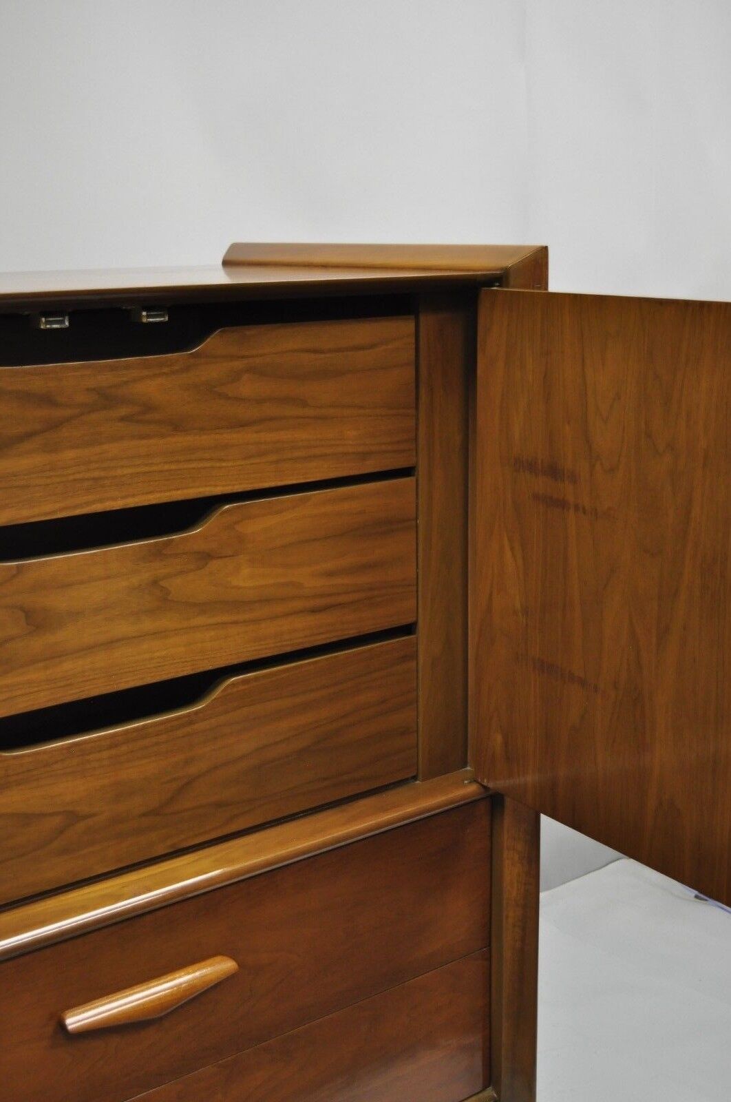 Vintage Mid Century Modern Sculpted Angled Walnut Highboy Tall Chest Dresser