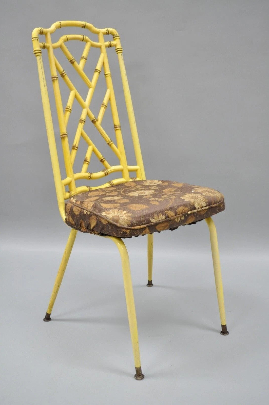 Hollywood Regency Chinese Chippendale Yellow Metal Faux Bamboo Dining Side Chair