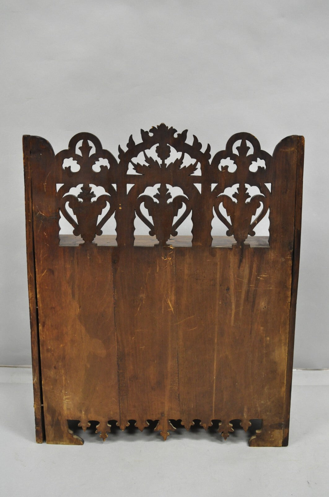 Antique Gothic Arts & Crafts Black Forest Walnut Carved Small Wall Curio Cabinet