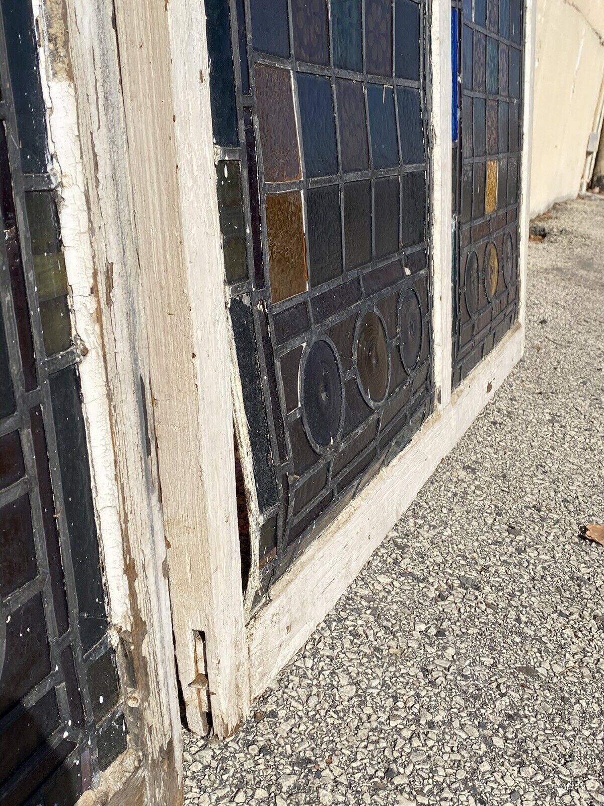 Antique Victorian 70 x 48 Double Stained Glass Window Pink Blue Green Jeweled