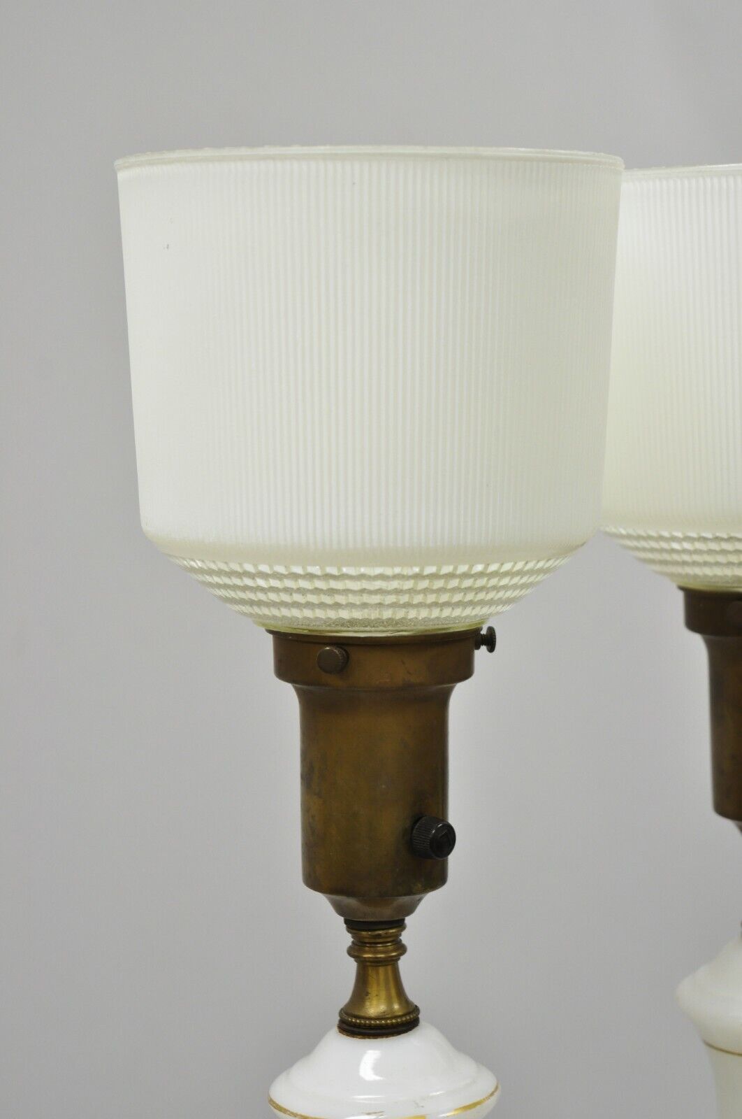 Vintage French Neoclassical Gold Gilt White Porcelain Column Table Lamps - Pair