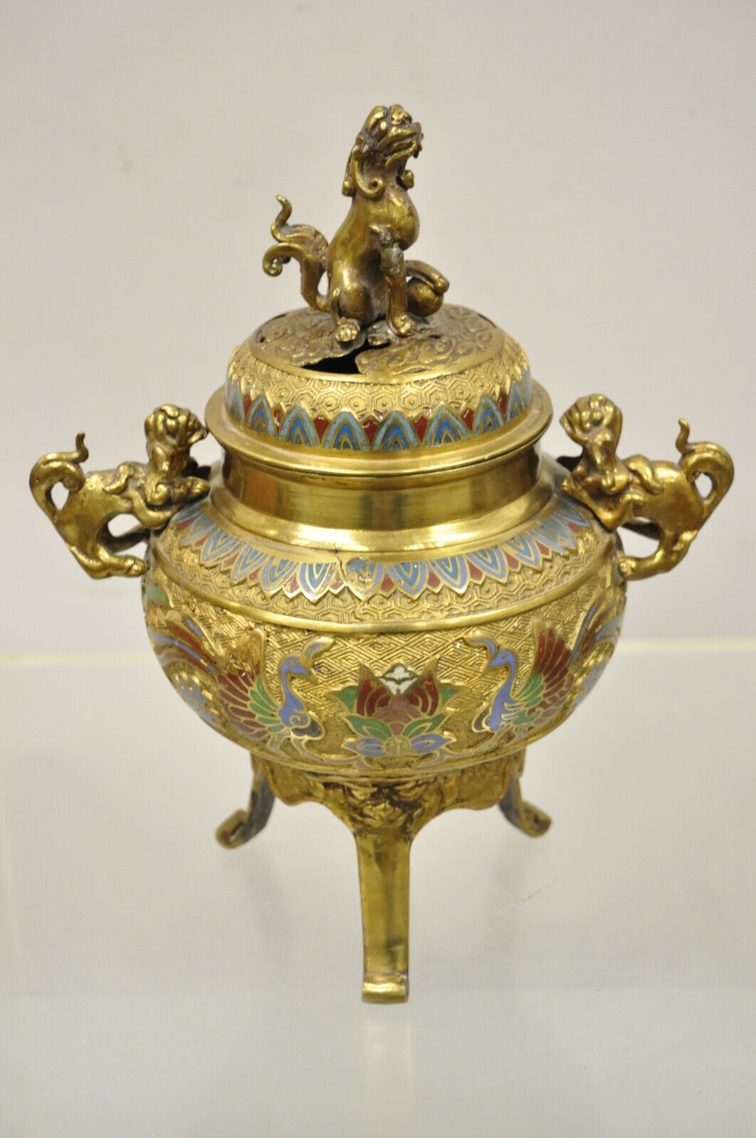 Vintage Japanese Cloisonne Enamel Champleve Bronze Foo Dog Incense Burner