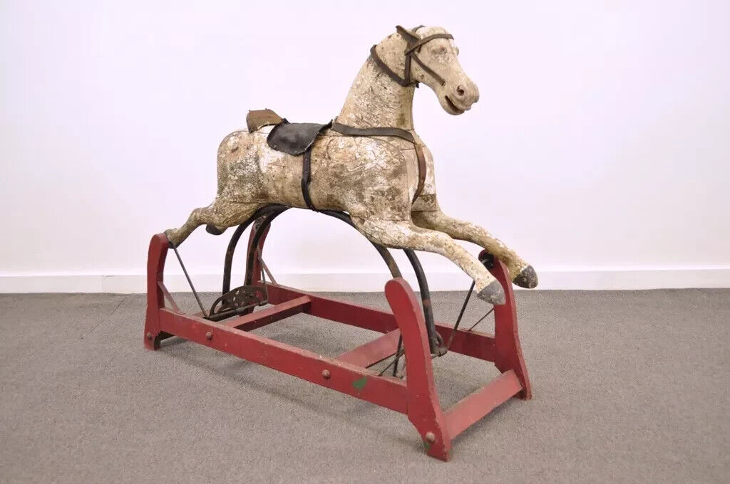 Antique Primitive Glider Rocking Hobby Horse Rustic Carved Wood Cast Iron Red