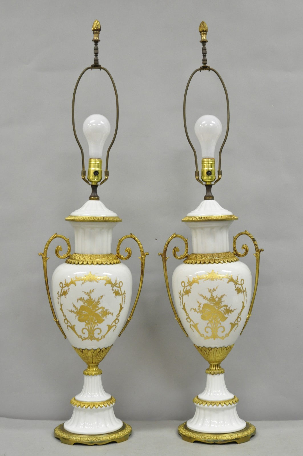 Antique French Louis XV Hand-Painted Porcelain Urn Bronze Table Lamps - a Pair