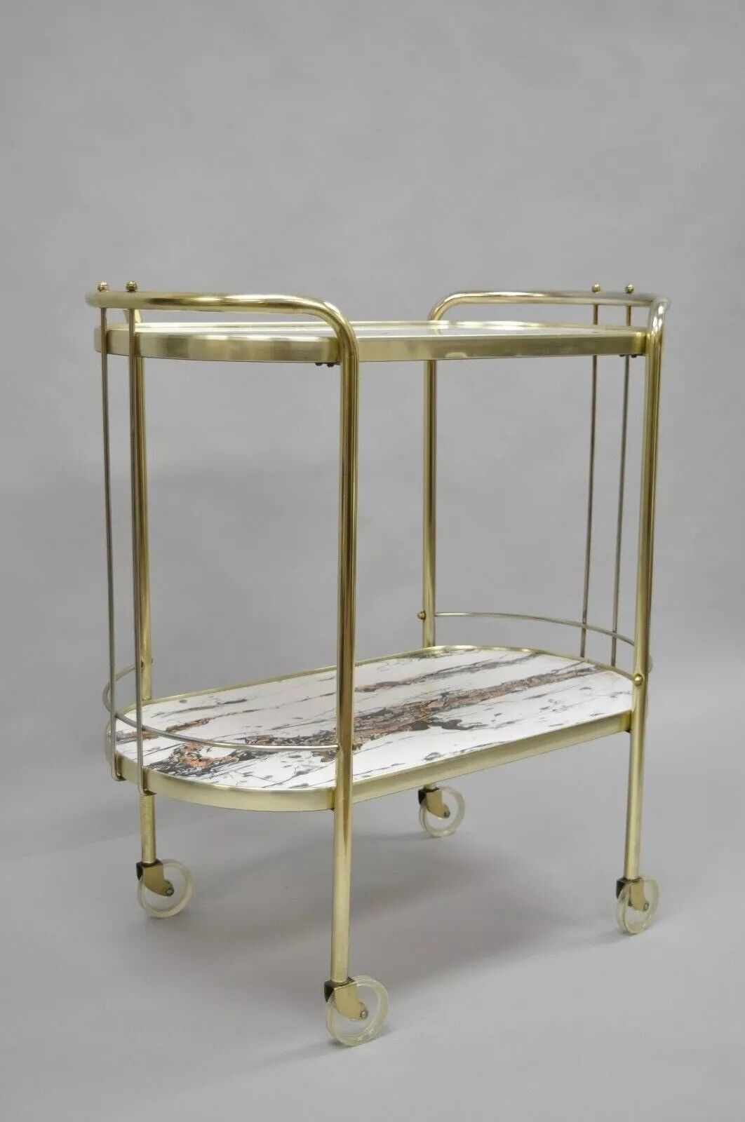 Vintage Mid Century Modern Brass Rolling Bar Tea Cart Laminate Faux Marble