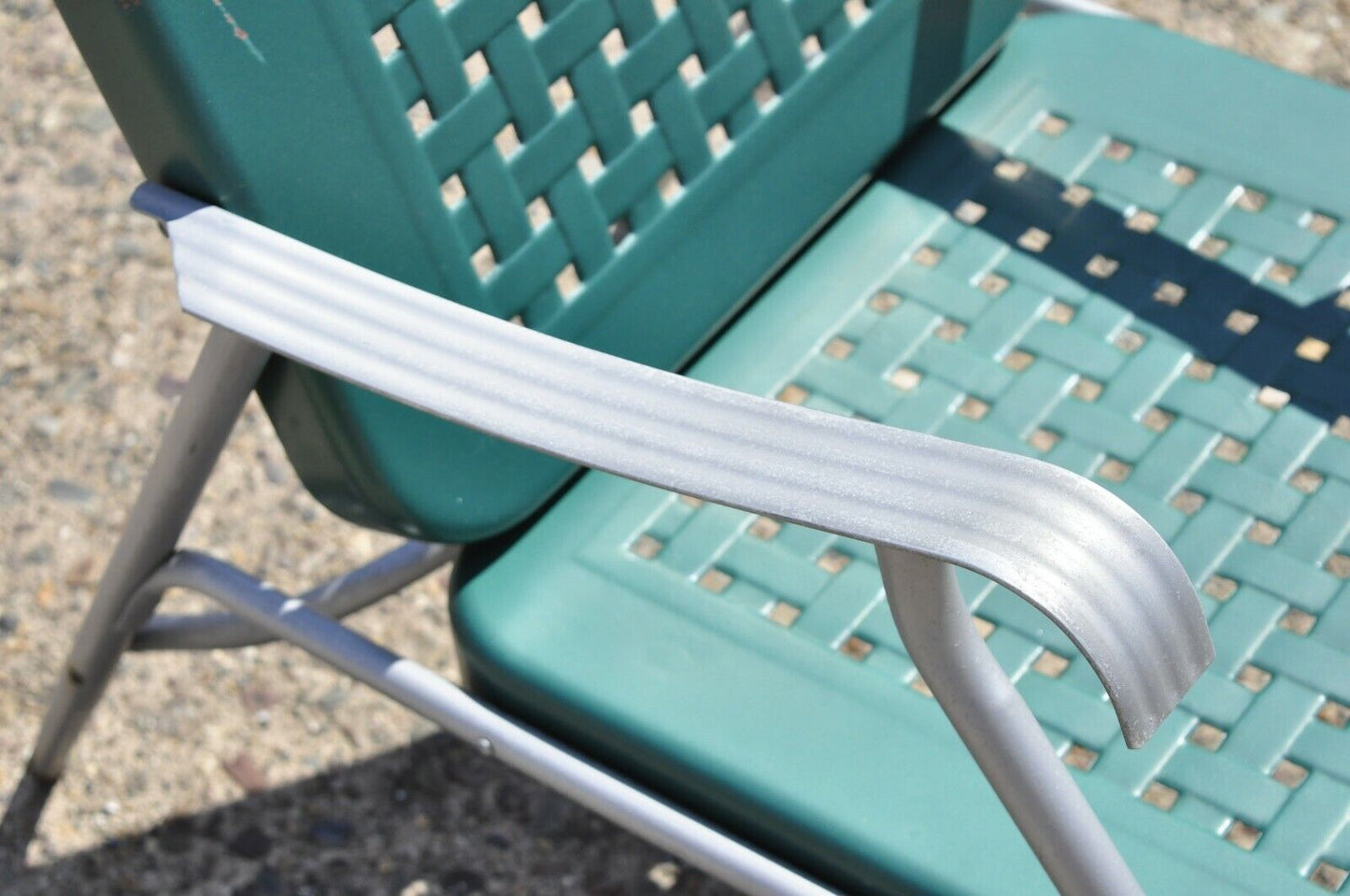 Vintage Green Metal Aluminum Basket Weave Patio Porch Outdoor Arm Chair