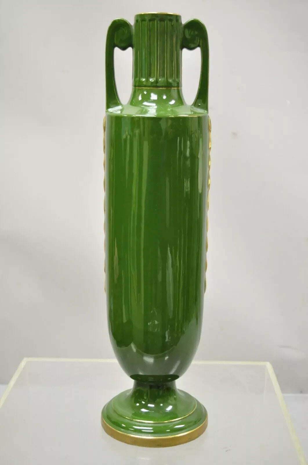 Antique Josef Joseph Strnact JS 20" Tall Green French Porcelain Vase, Austria