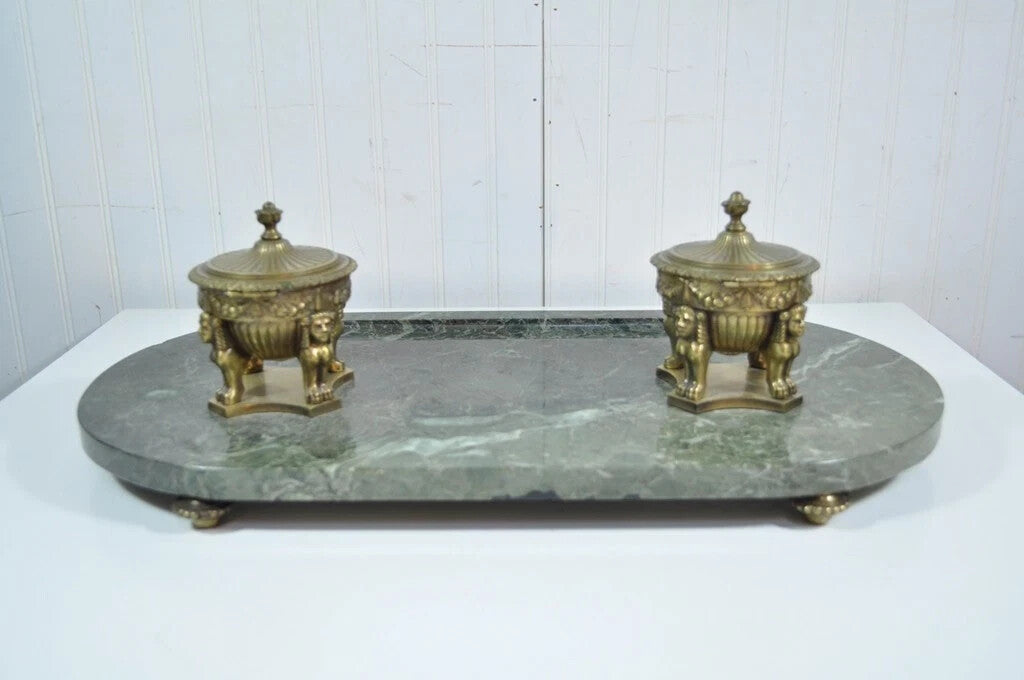 Antique French Empire Figural Bronze Sphinx Green Marble Desk Top Double Inkwell