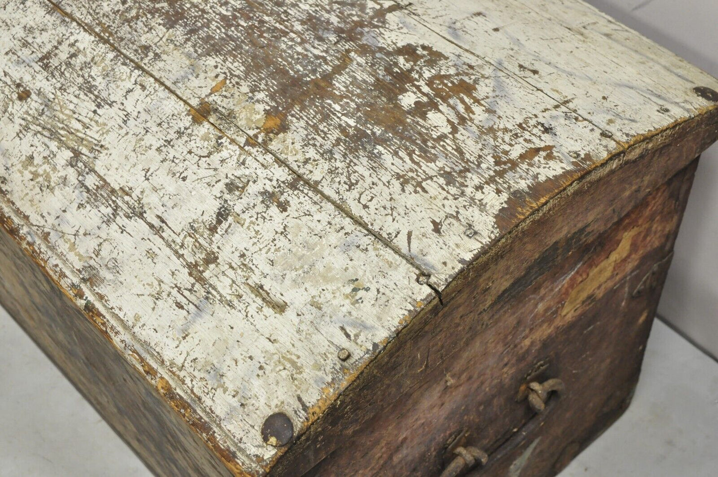 Antique European Painted Large Wooden Dome Top Sea Trunk Treasure Chest