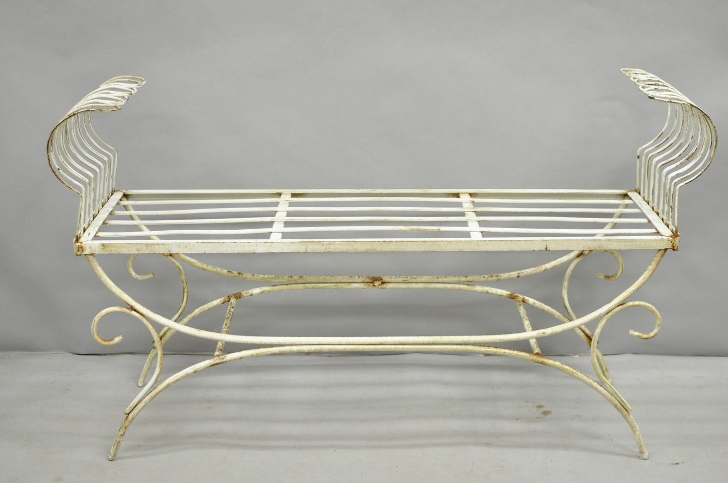 Vintage Hollywood Regency White Wrought Iron Curule X Frame Window Bench