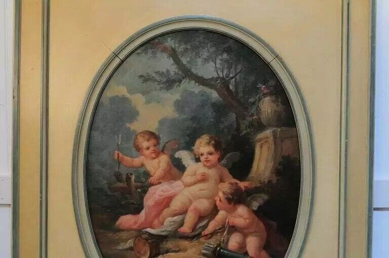 19th C French Louis XVI Style Cream Painted Large Trumeau Mirror with Cherubs