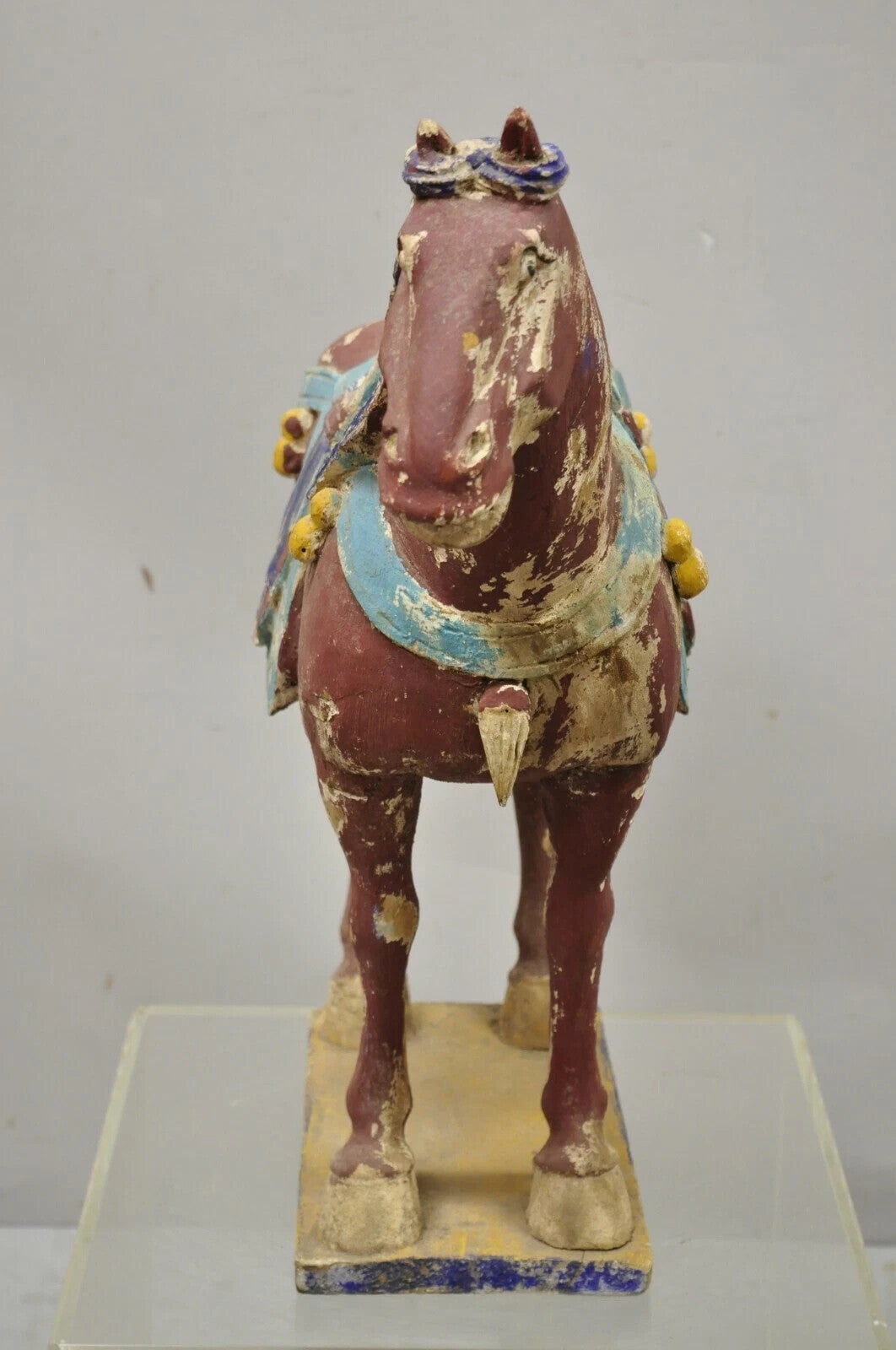 Chinese Polychrome Wooden Carved Wood 29" Tang Horse Sculpture Statue Red Figure