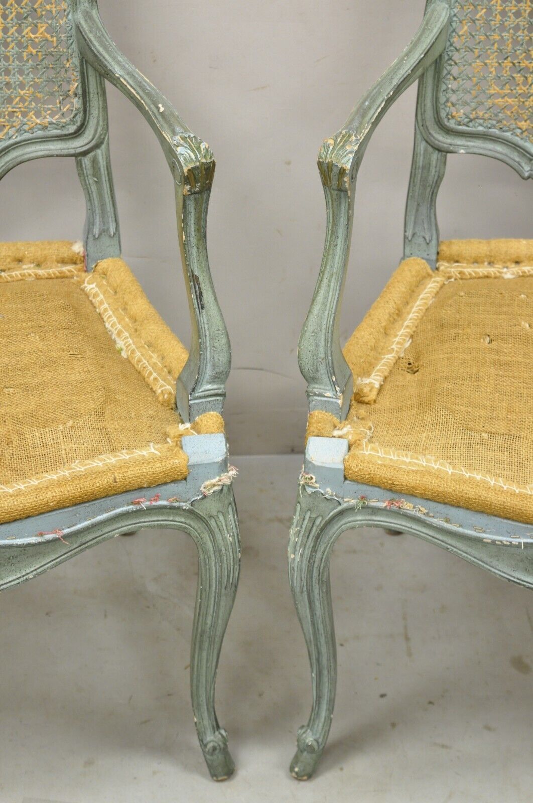Pair Vintage French Louis XV  Style Blue Painted Cane Back Fauteuil Arm Chairs