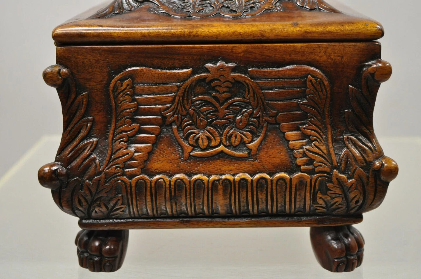 French Empire Rococo Style Carved Mahogany Paw Foot Jewelry Vanity Trinket Box