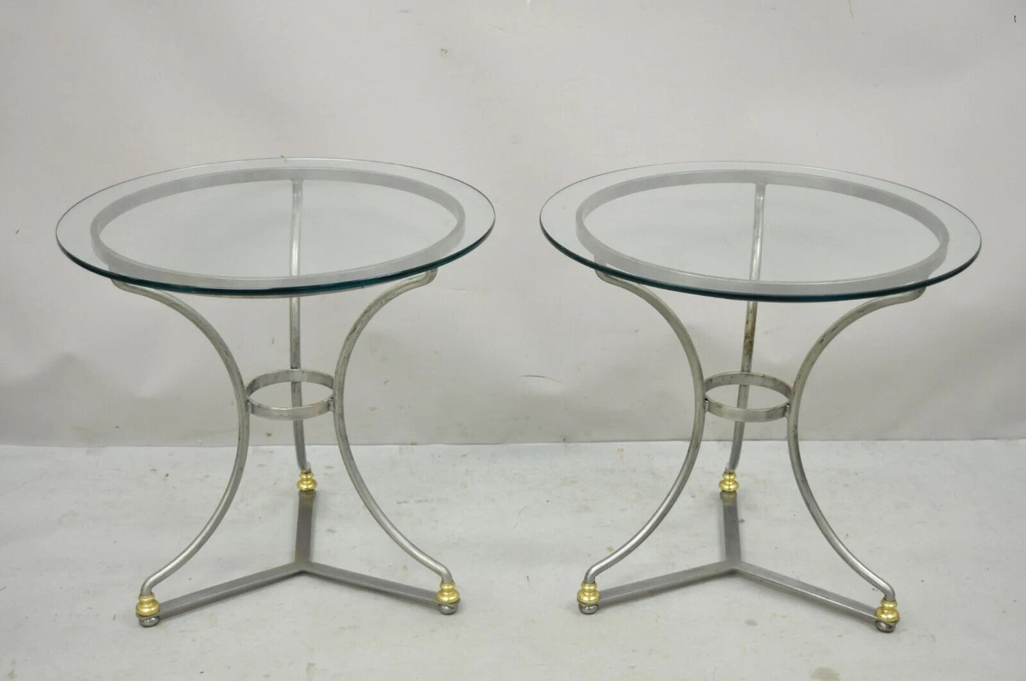Italian Neoclassical Maison Jansen Style Steel & Brass Round End Tables - a Pair
