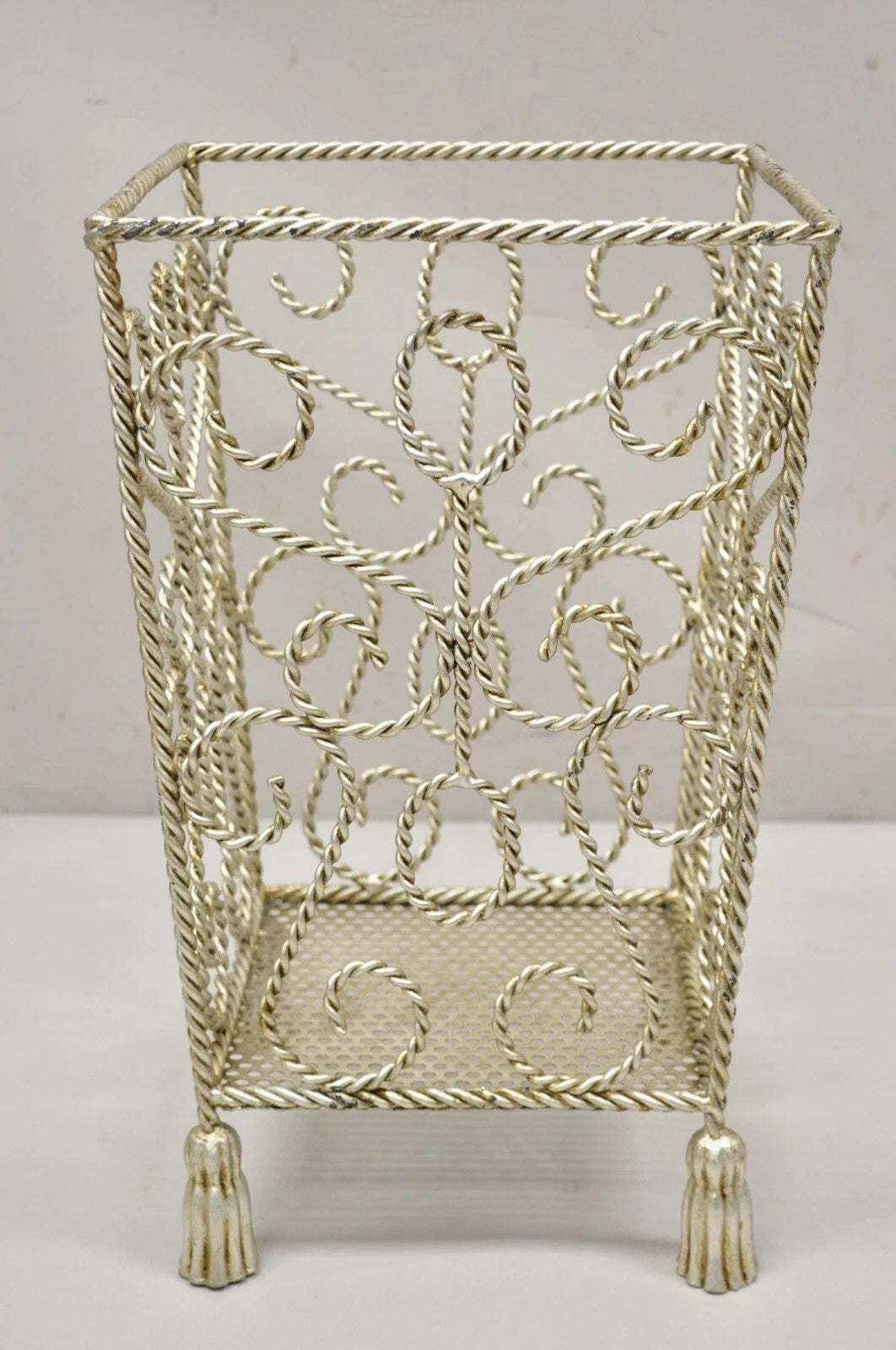 Vintage Italian Hollywood Regency Silver Iron Tassel Wastebasket Trashcan