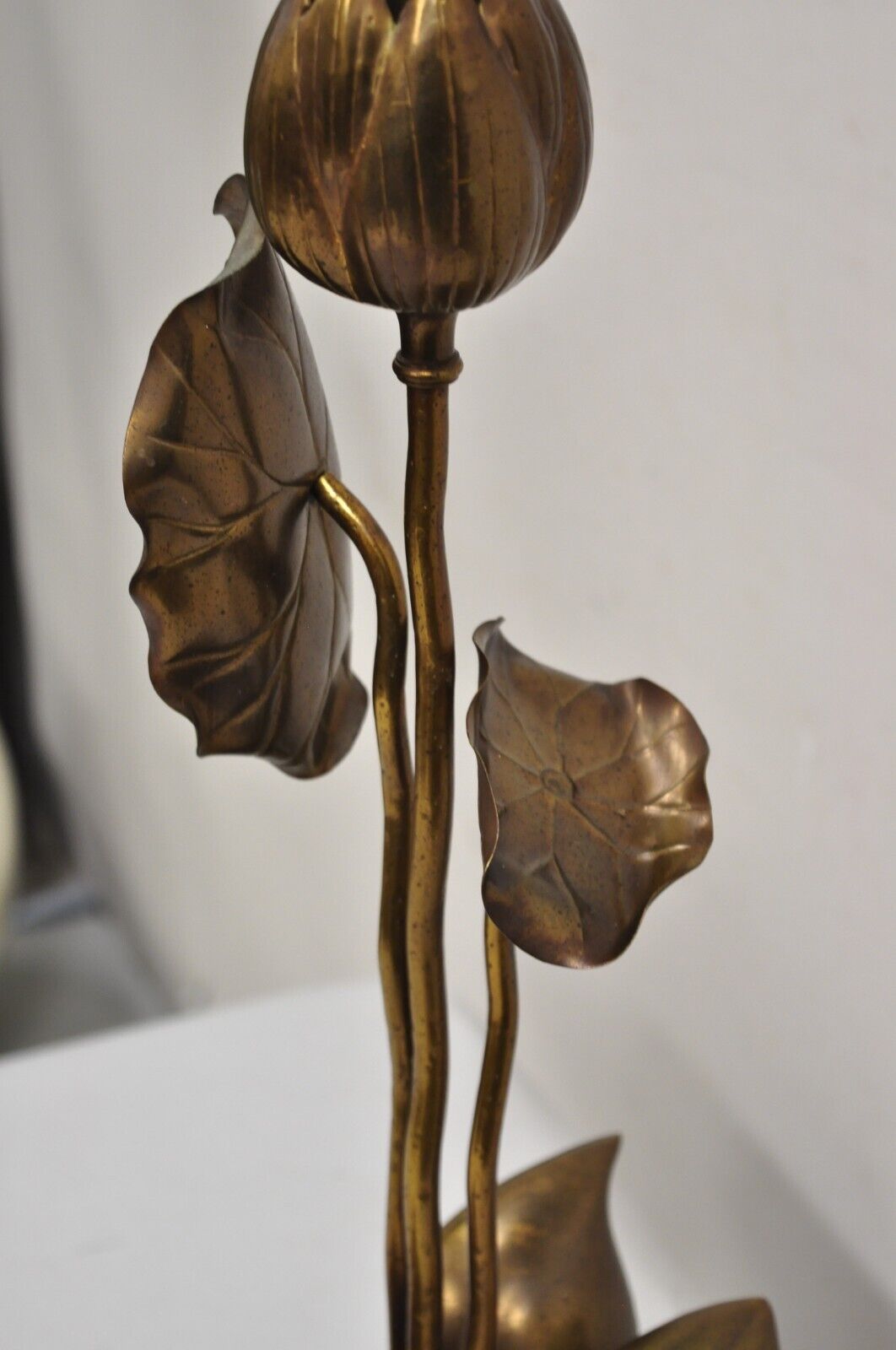 Vintage Chinese Bronze Fruit & Lotus Vine Leaf Chinoiserie Table Lamp