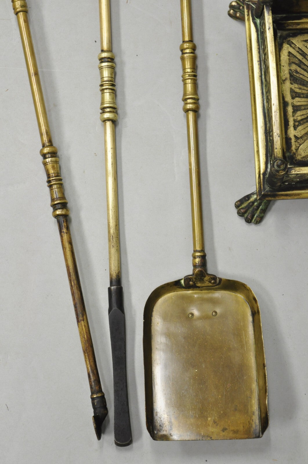 Antique English Art Nouveau Brass Paw Foot Fireplace Tool Set - 4 Pc Set