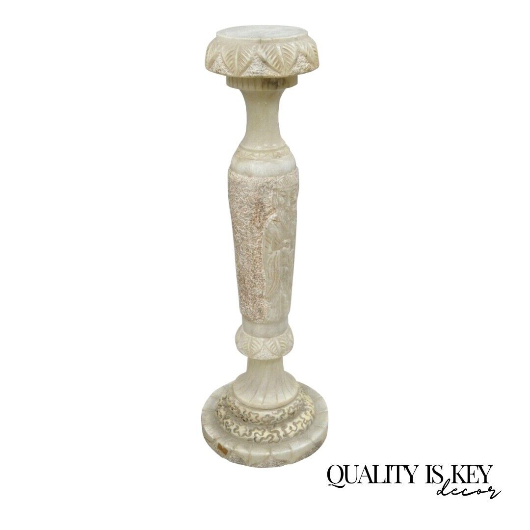 Vintage Chinese Wiseman Carved Alabaster 36" Figural Pedestal Plant Stand