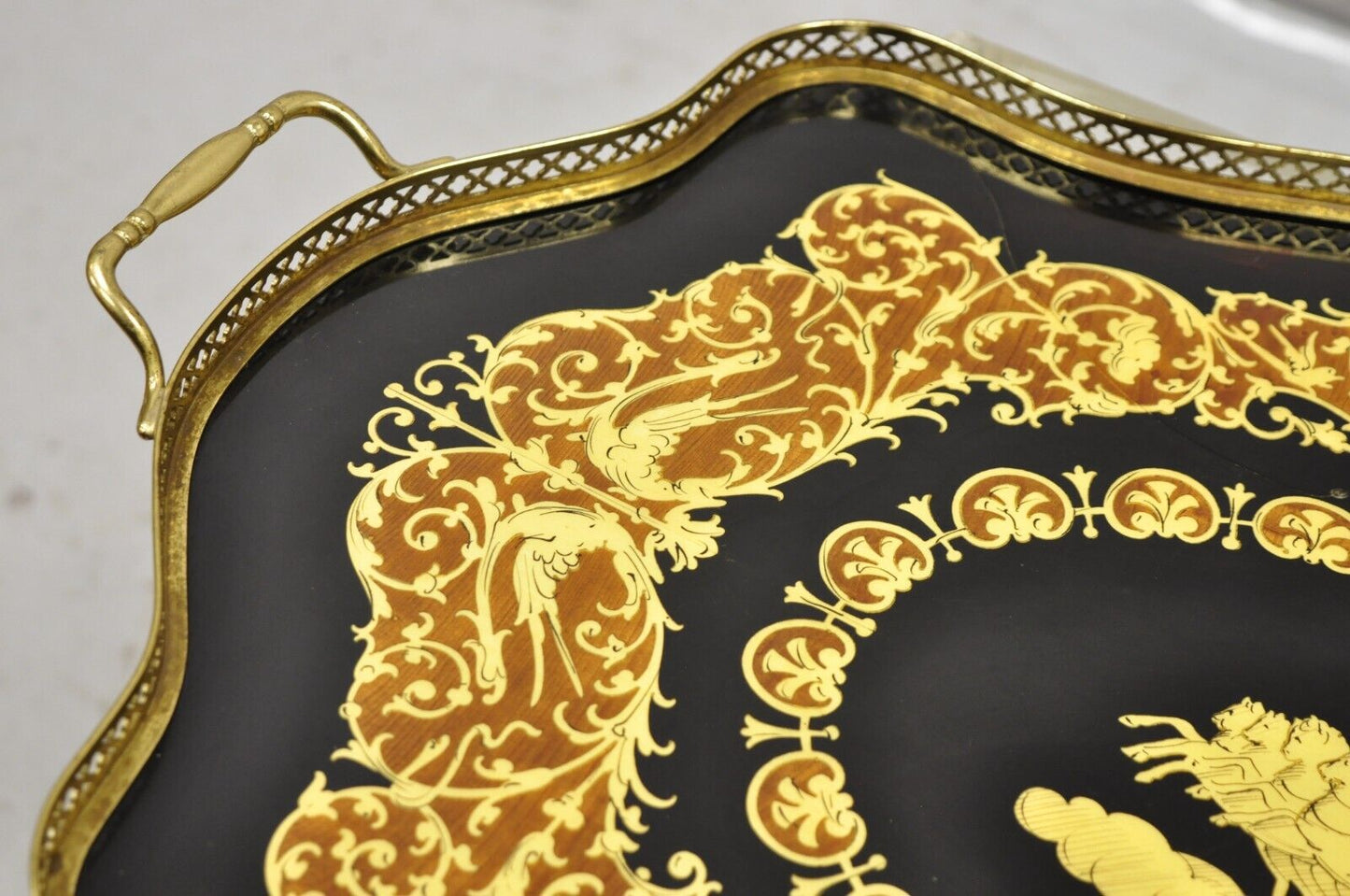 Vintage Italian Lacquered Wood and Brass Chariot Marquetry Inlay Serving Tray