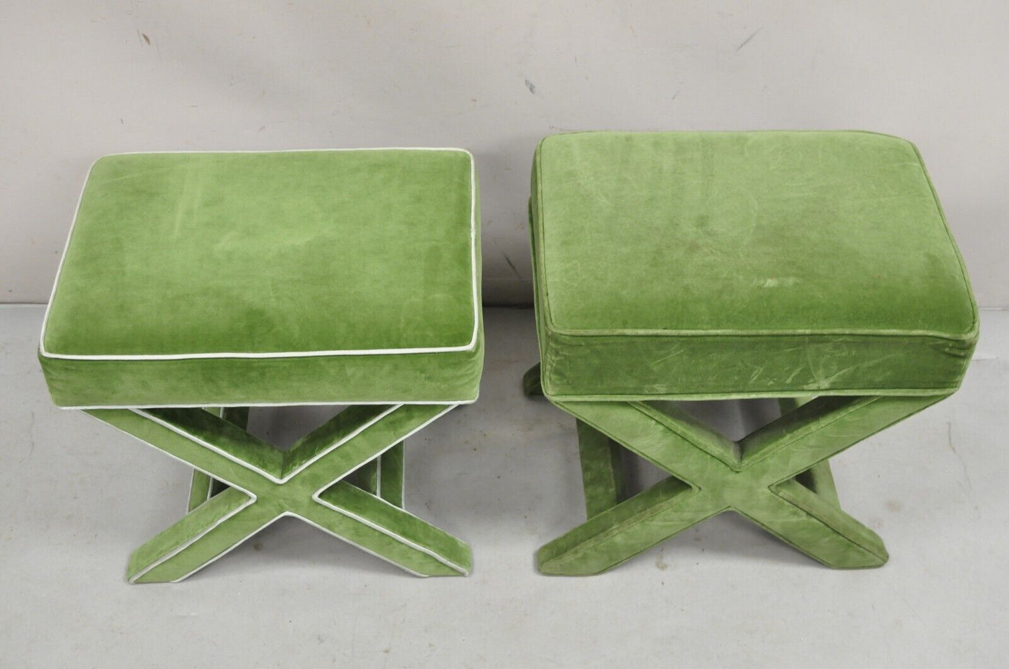 Vintage X-Base Billy Baldwin Style Green Upholstered Bench Stools - Similar Pair