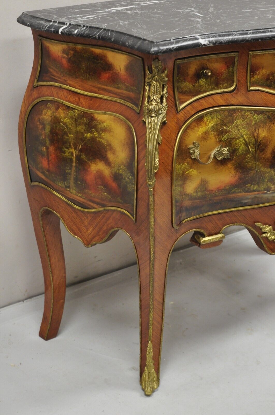 Vintage French Louis XV Style Marble Top Bombe Hand Painted Commode Chest