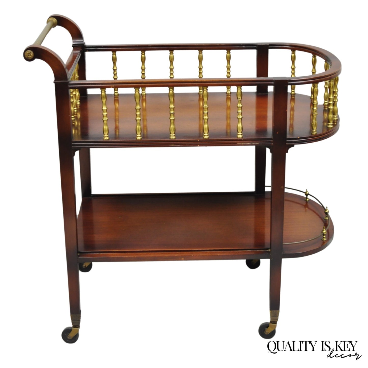 Vintage French Regency Mahogany 2 Tier Brass Gallery Rolling Bar Cart Server