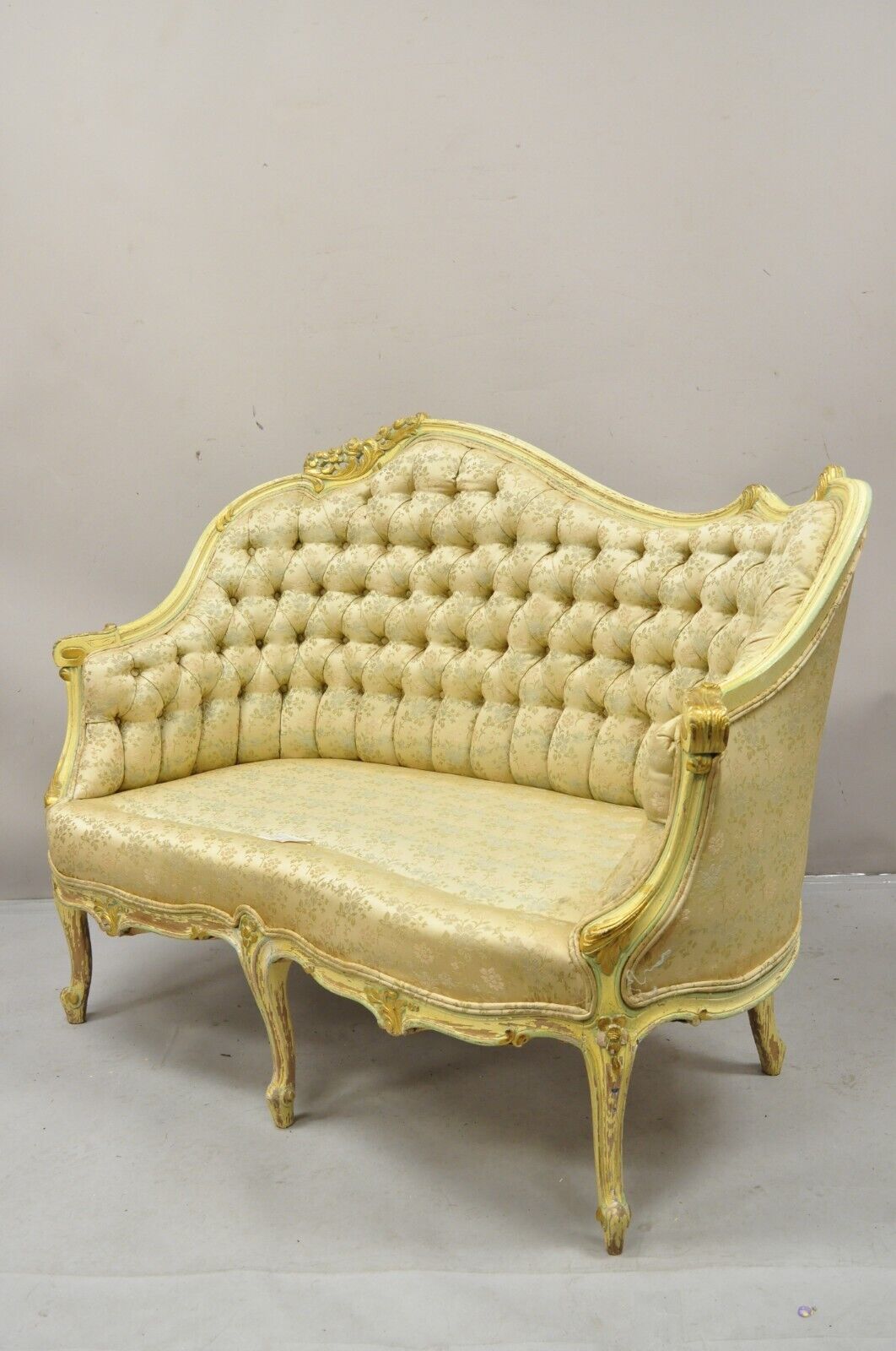 Vintage French Louis XV Rococo Style Yellow & Green Settee Loveseat Sofa