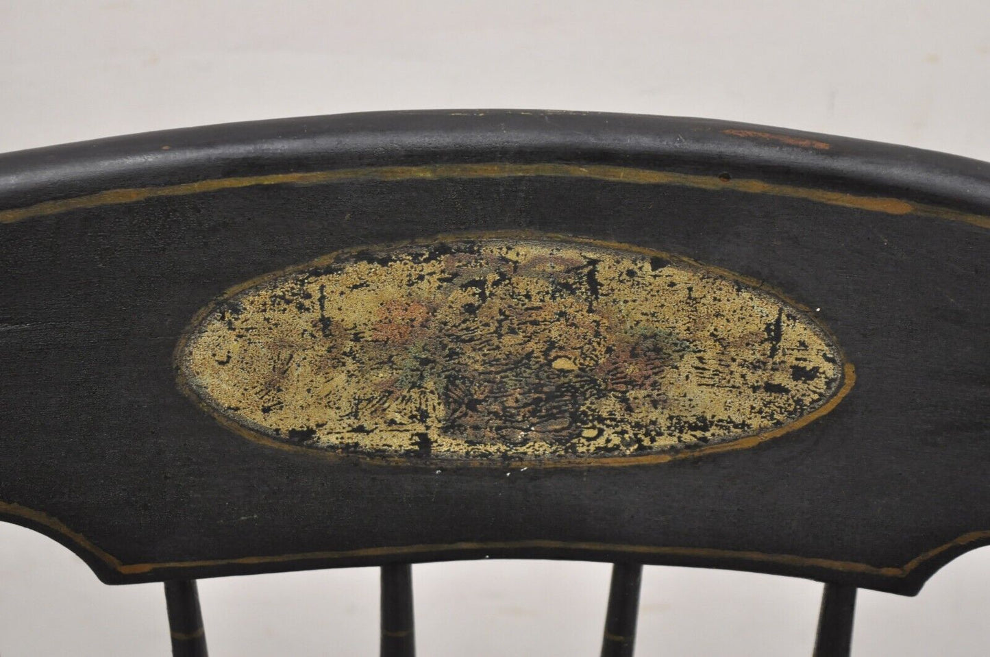 Antique Colonial Stencil Back Black Painted Plank Bottom Rocker Rocking Chair