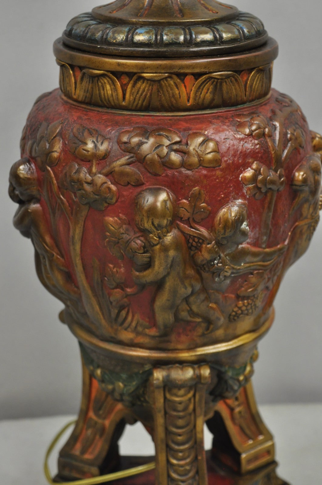 Armor Bronze Co Italian Classical Figural Cherub & Ram Polychrome Urn Table Lamp