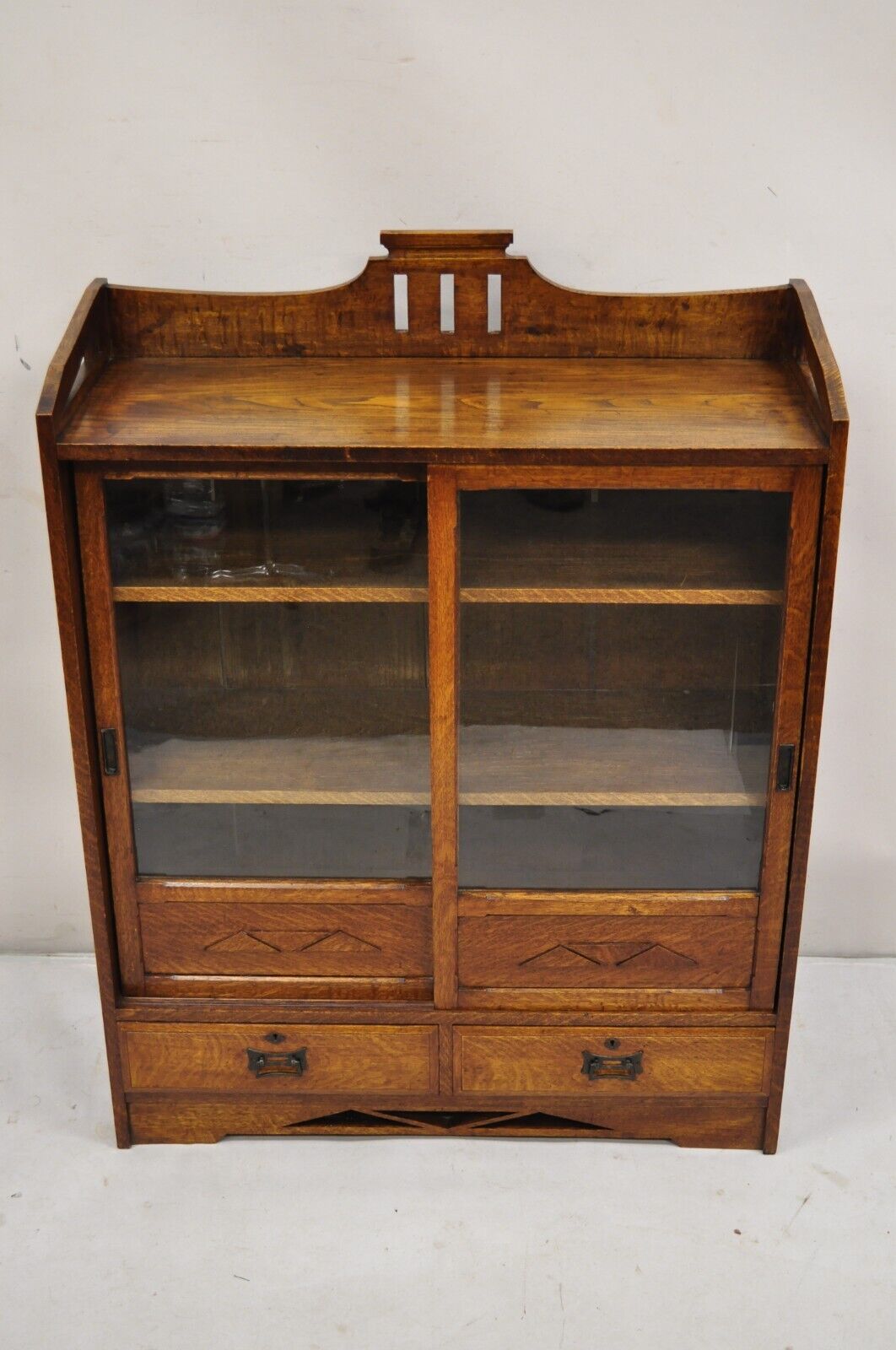 Antique Mission Oak Arts & Crafts Small Sliding Door Bookcase Curio with Drawers
