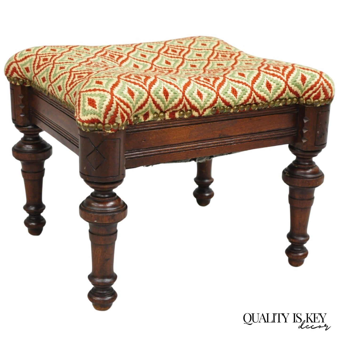 Antique Eastlake Victorian Shapely Footstool Ottoman with Turn Carved Legs