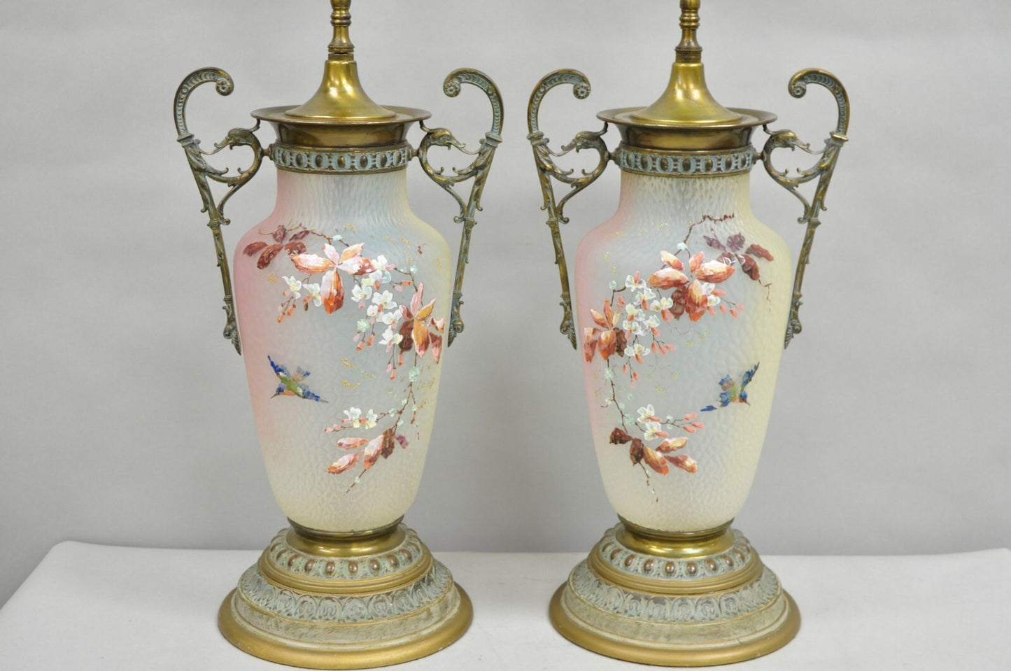 Antique English Victorian Rainbow Glass Hand Painted Birds Table Lamp - a Pair