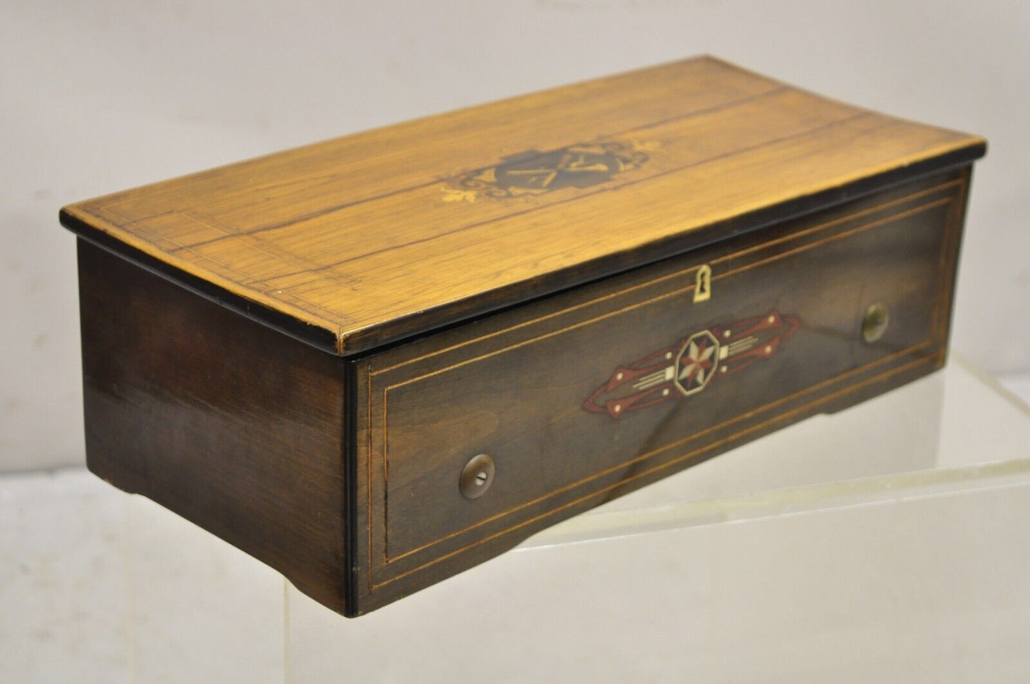 19th C. Antique Swiss Cylinder Roll Music Box 6 Tune Airs with Inlaid Case