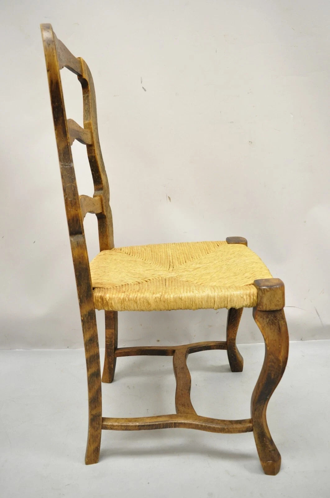 Vintage French Country Distressed Wood Ladder Back Rush Seat Side Chair