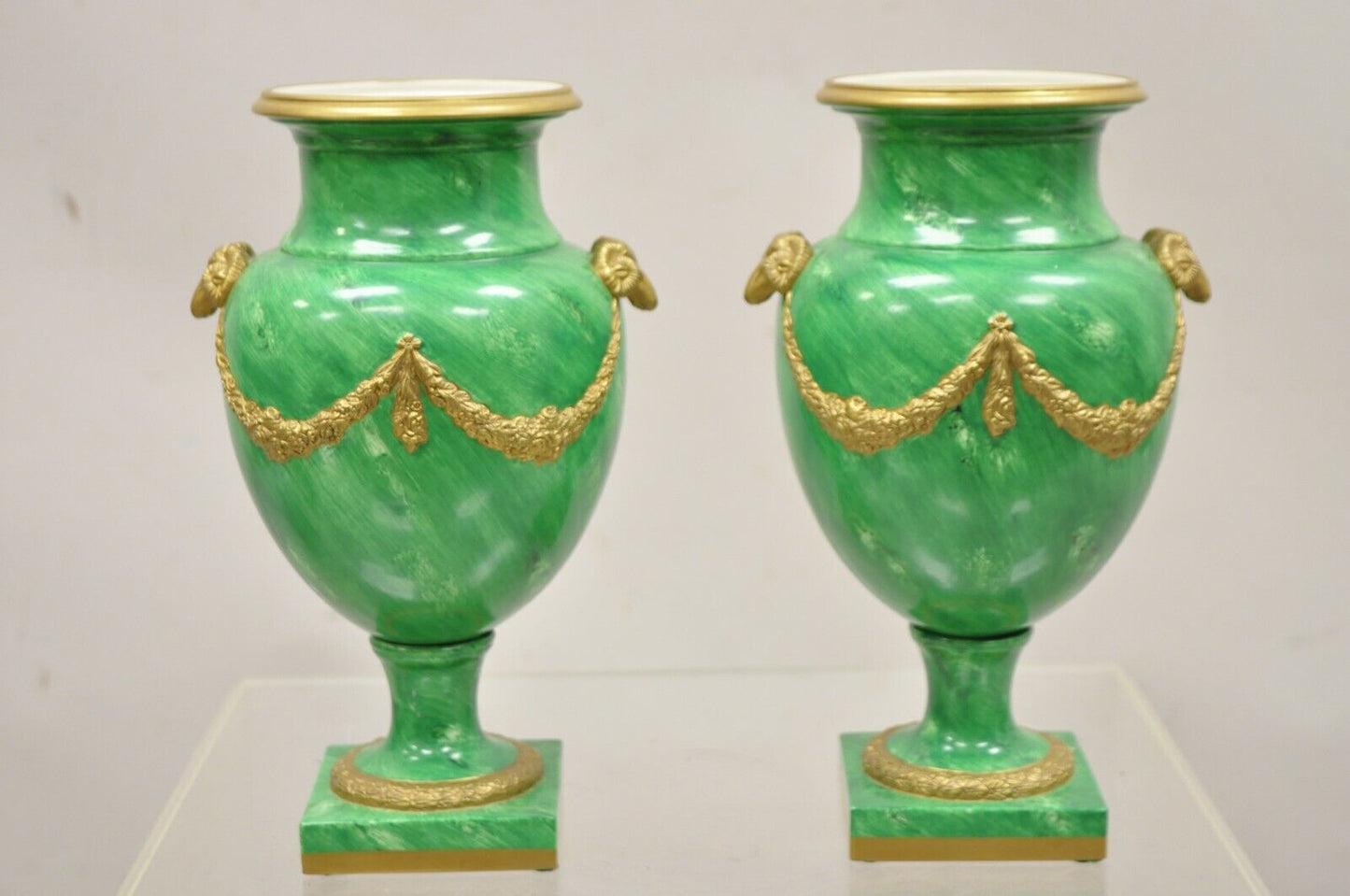 Chelsea House Italian Regency Ram Green Malachite Painted Porcelain Urn - a Pair