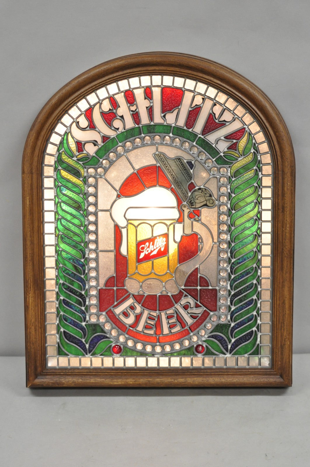 Vintage Schlitz Beer Sign 1980 Lighted Faux Stained Glass Look Advertising Sign