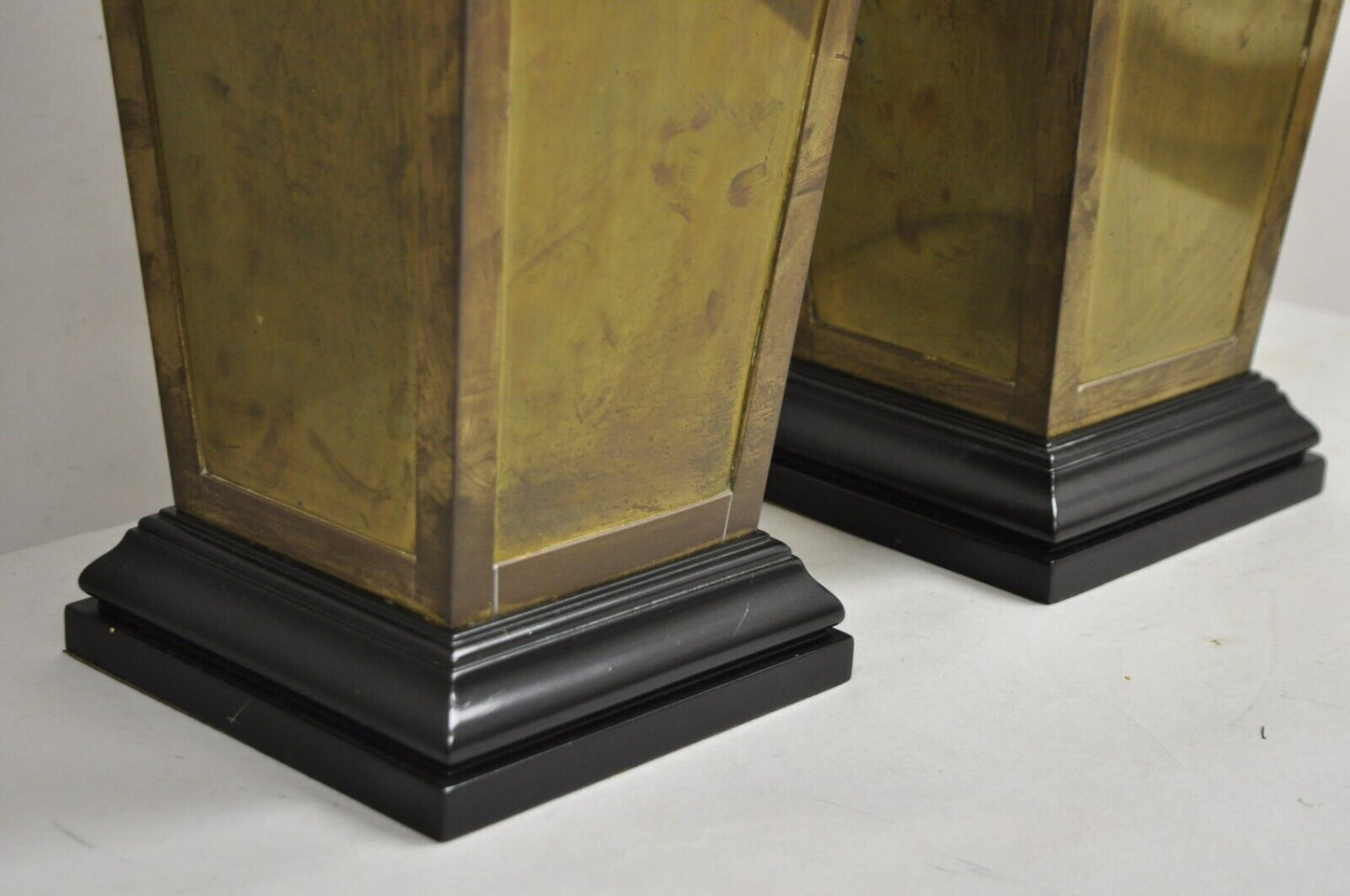 Chinoiserie Patinated Brass Square Jardiniere Table Lamp by Wildwood - a Pair
