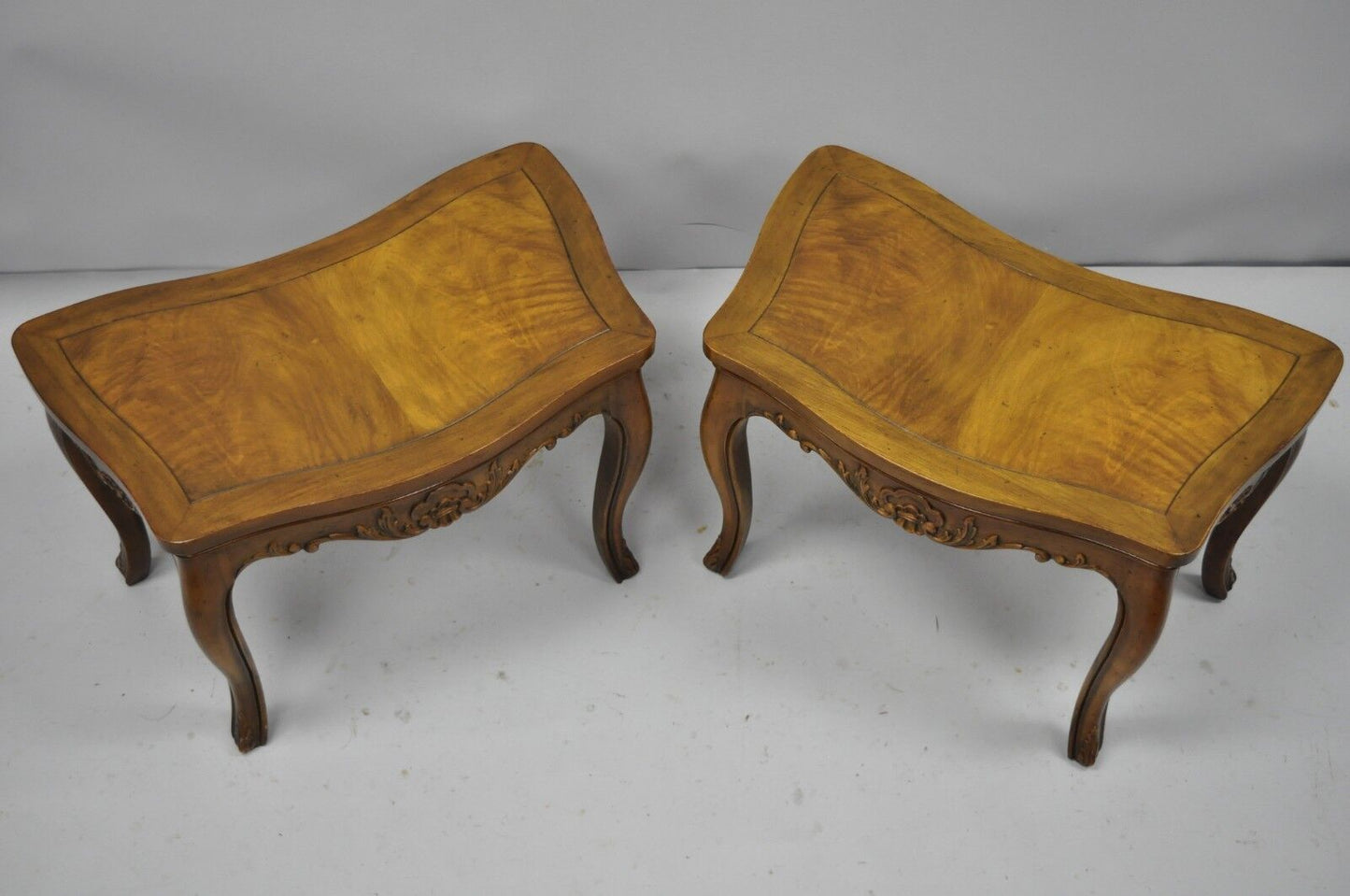 Pair Vtg Walnut Low Demilune Small Side Accent Pedestal End Tables Attr Baker