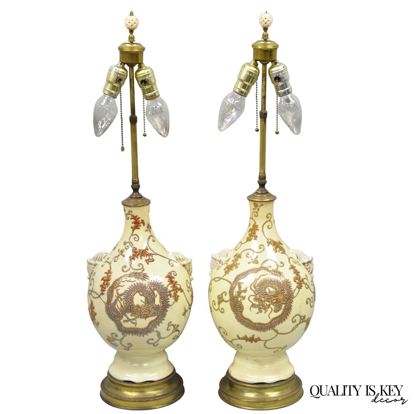 Antique Japanese Ceramic Beige Figural Dragon Vase Form Table Lamps - a Pair